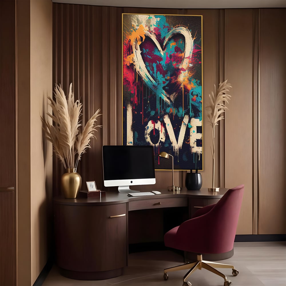 Tablou canvas cu tablou canvas cu inima graffiti si cuvantul love, in rama de aluminiu auriu, pe perete intr-un birou
